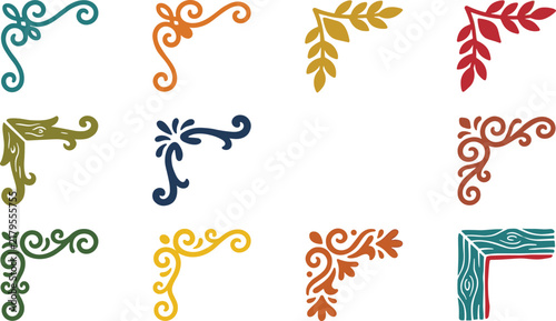 Colorful vintage corner borders collection for invitation frame and floral page decoration.