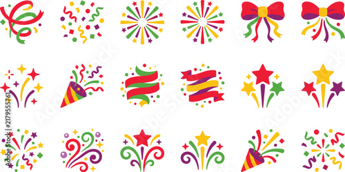 Colorful party firework elements with confetti ribbons for festive holiday decorations.