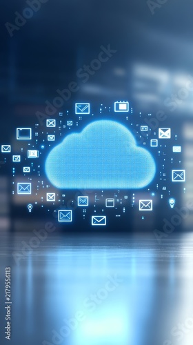 Abstract digital cloud computing concept with data transfer icons illustrating modern network communication technology infrastructure solutions