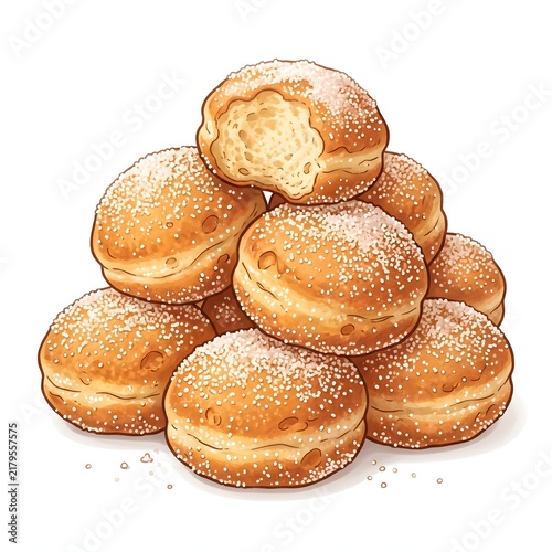 The image depicts a stack of round, golden-brown pastries, likely donuts or buns, generously sprinkled with white powdered sugar.