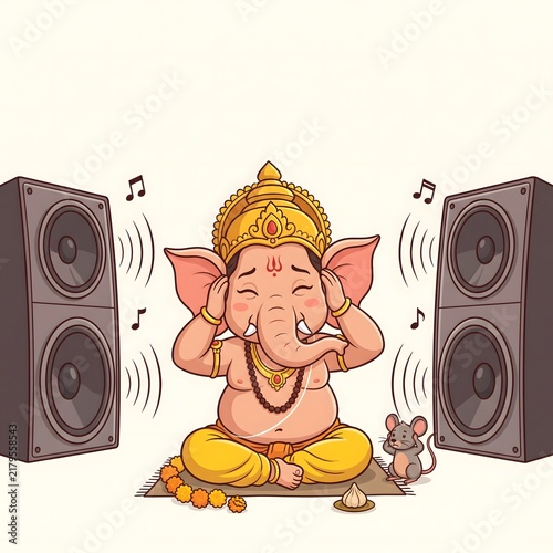 Humorous cartoon illustration of Lord Ganesha covering his ears from loud music speakers during Ganesh Chaturthi festival, highlighting noise pollution awareness in celebration.