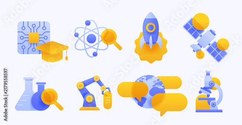 Science and high technology icon set with rocket, atom, satellite, microchip, robotic arm, and microscope. Research vector symbol collection