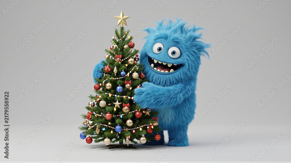 Obraz premium Cute blue fluffy monster hugging decorated christmas tree with toys and lights. Funny furry character celebrating new year holiday. Cheerful winter greeting card design for kids party