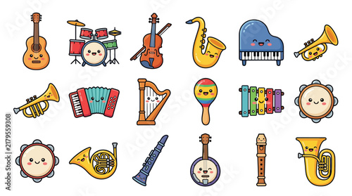 Musical instruments kawaii style collection