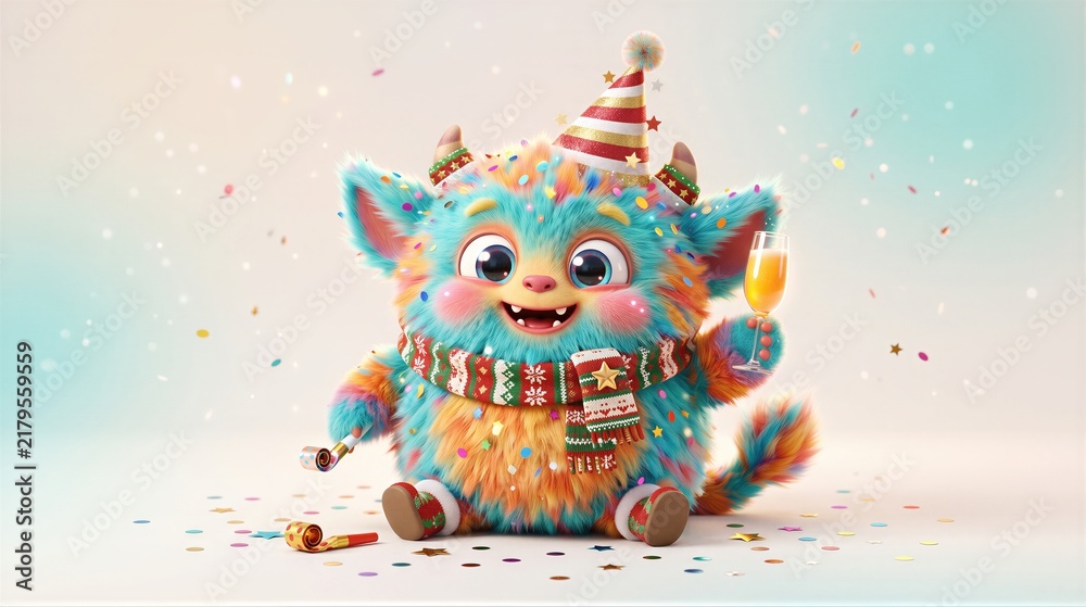 Naklejka premium Cute fluffy monster in party hat celebrating new year with champagne glass and confetti. Funny furry christmas character with scarf and party blower. Festive holiday greeting card concept for kids