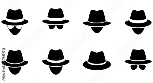 Set of anonymous hacker icons with fedora hats and sunglasses in flat vector style