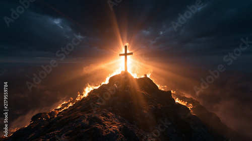 Christian Cross on Mountain Peak Glowing with Divine Light
