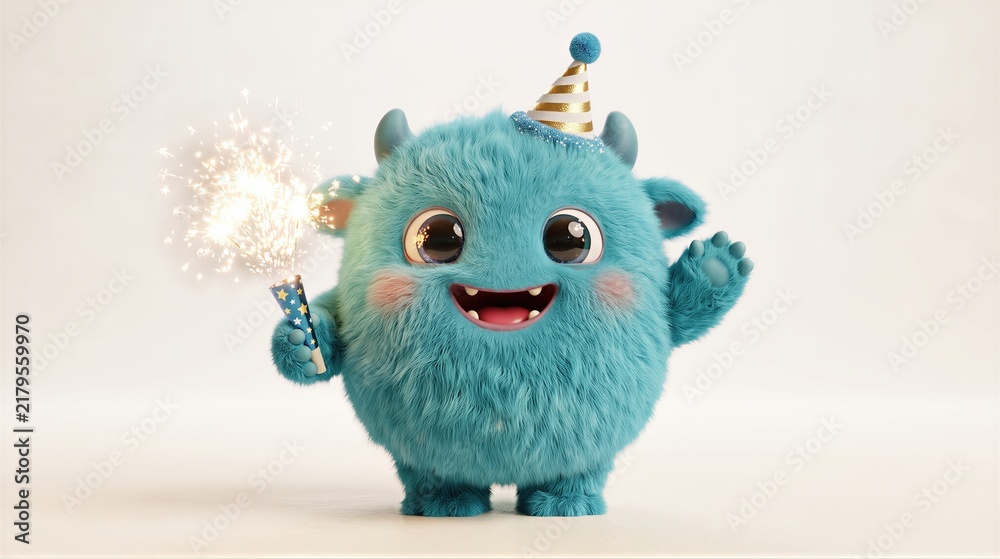 Obraz premium Cute fluffy blue monster in party hat holding burning sparkler. Funny furry character celebrating new year and birthday. Festive greeting card design with joyful smiling mascot on white background.
