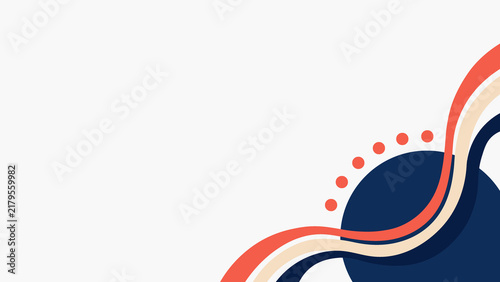 Abstract background design featuring flowing curved lines in warm tones and a dark blue circle with small dots arranged in a semi-circular pattern on white backdrop