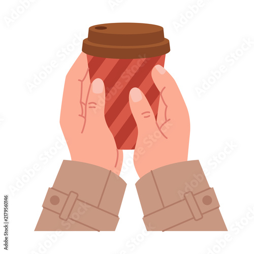 Cozy winter coffee to go in hands. Red striped takeaway cup and warm seasonal lifestyle drink. Flat vector illustration.