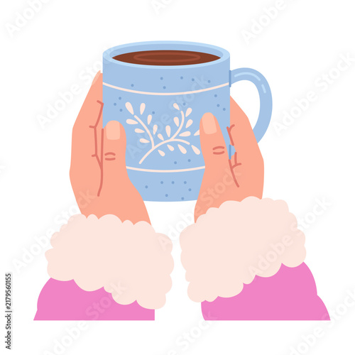Cozy blue winter mug with botanical snowflake pattern held in hands. Warm hygge tea or coffee drink. Vector Illustration.
