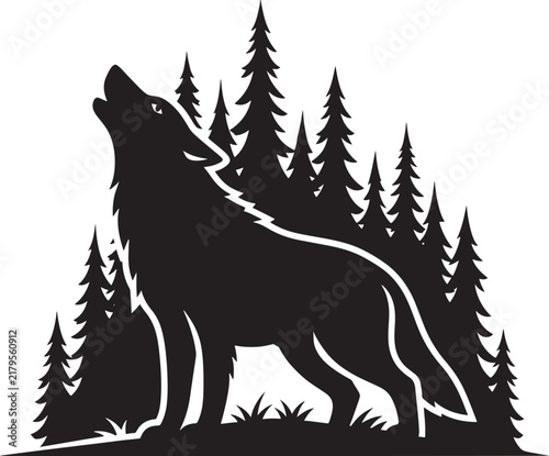 Wolf Howling Among Tall Forest Trees Silhouette Design