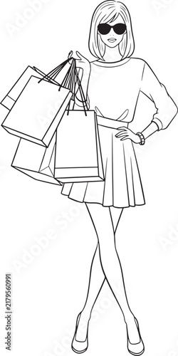 Woman Holding Multiple Shopping Bags Sketch Style