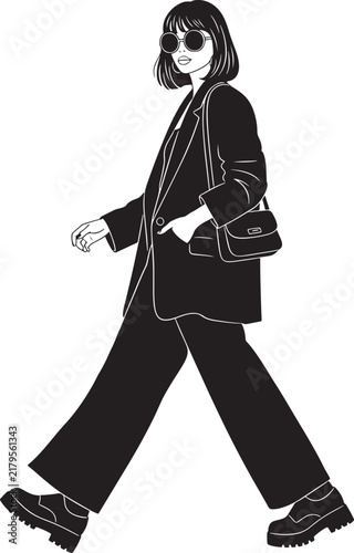 Woman walking stylishly in oversized blazer and sunglasses