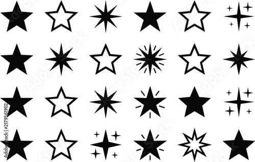 Minimalist star icons set, black celestial sparkle shapes, 24 vector star elements for UI design and rating systems
