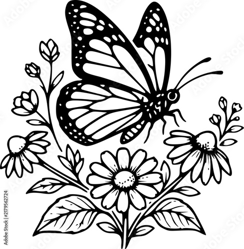 Flying Monarch Butterfly and Floral Nature Outline Icon – Black Vector Pictograph Illustration