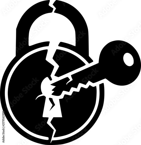 Broken Door Key and Security Lock Protection Icon – Black Vector Pictograph Illustration