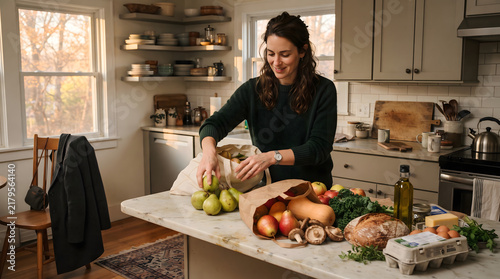 Woman unpacking fresh organic groceries from reusable shopping bags on a kitchen island counter