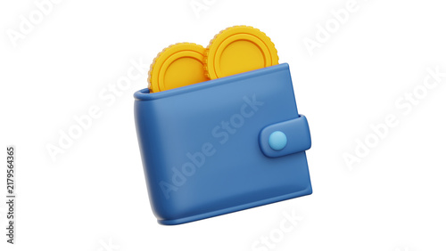 3D Rendered Blue Wallet with Gold Coins Representing Financial Savings and Personal Budgeting