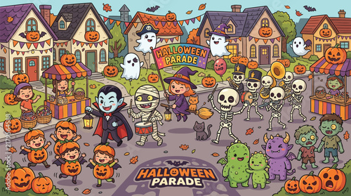Cute kids halloween parade in town with vampire mummy and skeletons