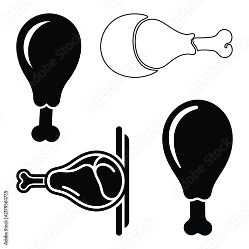 Set of chicken leg icons featuring solid black silhouettes and outline designs for food menus and restaurant branding projects