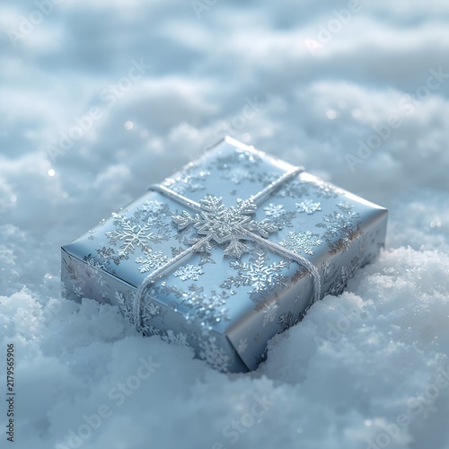 A festive silver gift box adorned with snowflake patterns and tied with white ribbon, nestled in a blanket of glistening snow. The image evokes a sense of winter wonder and holiday cheer