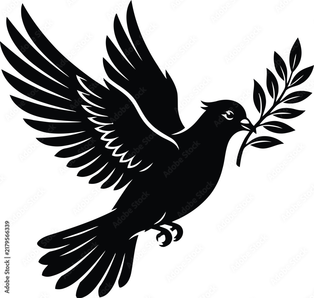Fototapeta premium Flying Peace Dove Pigeon Holding Olive Branch Wings Open Flight Silhouette Harmony Hope Love Wedding Black And White Vector Art Clipart Laser Cut File Stencil Tattoo Logo Minimalist Design