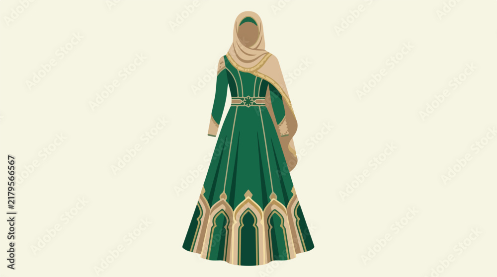 Fototapeta premium Muslim woman wearing traditional green dress and hijab in elegant fashion vector illustration