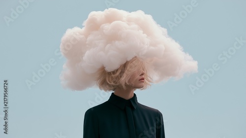 Minimal abstract portrait of a girl with her head in the clouds