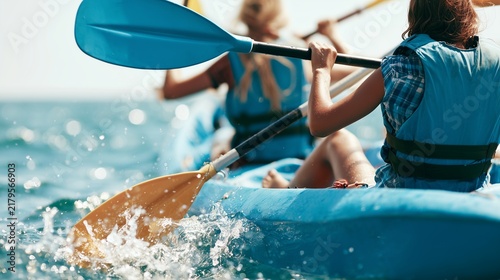 Two young women paddling a blue kayak on calm water