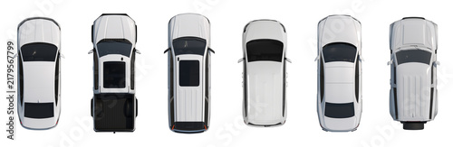 Obraz na płótnie White Car Set Top View Isolated on White Background 3D Render