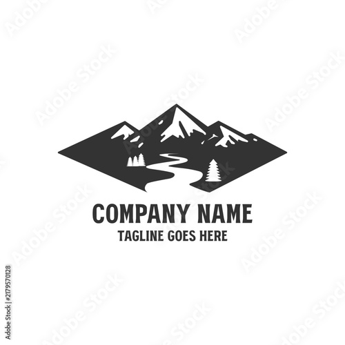 Black Silhouette Mountain Range River Pine Tree Landscape Logo Vector