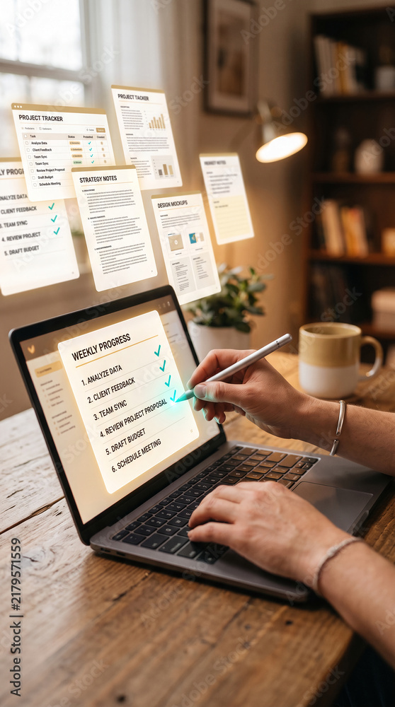 Obraz premium Laptop screen showing weekly progress checklist with completed tasks, representing productivity and successful project management, ideal for business concepts