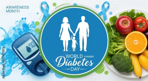 World Diabetes Day awareness with healthy food and family