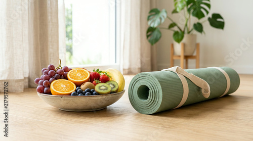 Green yoga mat and a bowl of mixed fruit on a light brown wooden floor