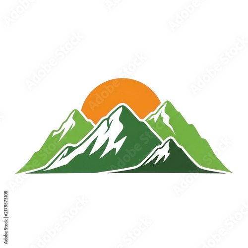 Green mountain peaks with a bright orange sun icon