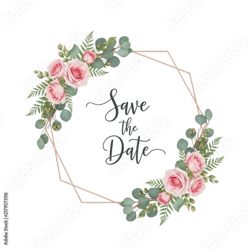 Floral save the date frame with roses and eucalyptus leaves