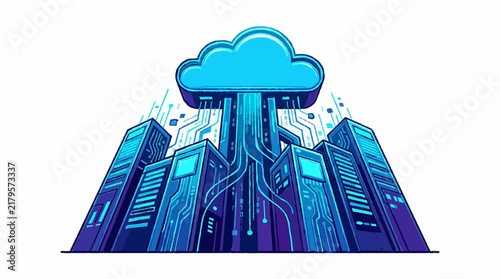 Plakat Cloud computing concept with data center server racks connecting to network cloud storage