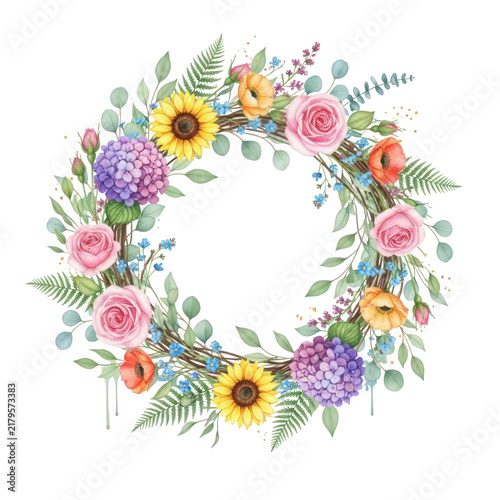 Watercolor flower wreath with colorful summer blooms