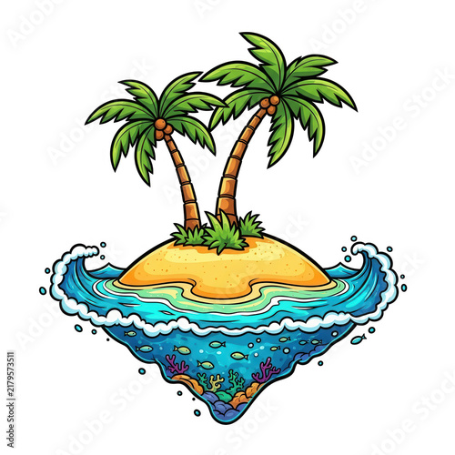 Small tropical island with palm trees in the blue ocean