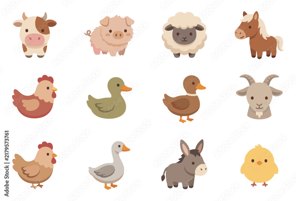 Obraz premium Cute farm animal icons collection featuring domestic livestock