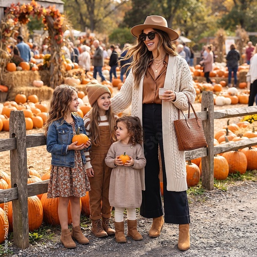 Mother and Children Choosing Pumpkins at a Sunny Autumn Pumpkin Patch Market