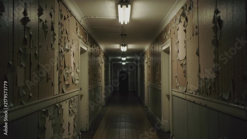Camera moves through dark abandoned hallway with peeling wallpaper and flickering lamps. Old dilapidated corridor with doors. Horror atmosphere, mystery and fear concept, haunted house interior