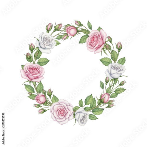 Watercolor floral wreath with pink and white roses