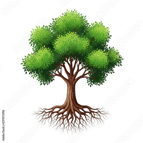 Pixel art style green tree with visible roots illustration