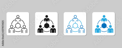 Four icons of a central circle connected to three people in different styles vector illustration