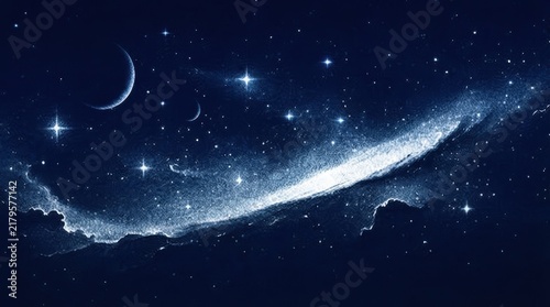 Starry Night Sky with Glowing Stars, Blue Galaxy, Nebula Clouds and Cosmic Light, Mystical Universe Background for Astronomy, Space, Astrology and Fantasy Design