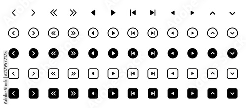 Slider arrow buttons icon set. Carousel and navigation controls symbol. Simple pictograms for next, previous, forward, back, sliders, galleries, carousels, web pages, mobile apps and user interfaces.
