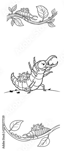 Fantasy Stag Beetle Caterpillar Coloring Page for Kids and Adults Cute Bug Insect on Tree Branch with Leaves Ants Nature Illustration