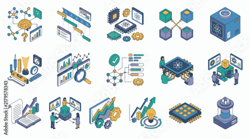 Isometric illustrations depicting data analysis, technology, and business concepts with charts and diagrams.